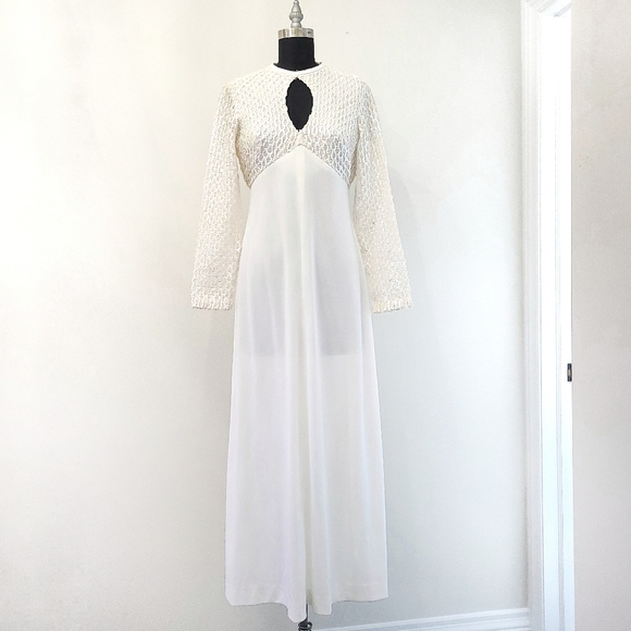 Vintage Dresses & Skirts - Vintage 1970s Irredecscent Sequin White Angel Maxi Dress